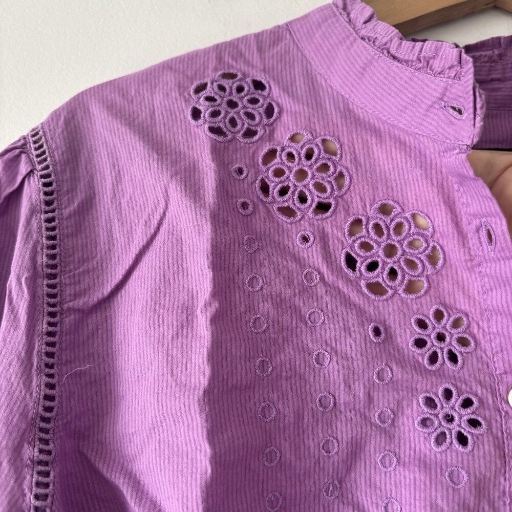 J. CREW Ruffle Sleeve Peasant Blouse Purple Eyelet Top Cottagecore Size L Preppy - Picture 5 of 14